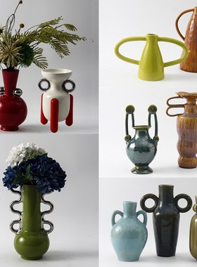 现代北欧复古双耳彩色陶瓷花瓶摆件样板房酒店客厅玄关大红色花器