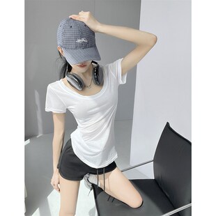 基础款休闲大U领宽松T恤女夏薄款正肩短袖白色设计感小众显瘦上衣