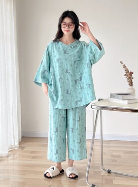 新中式盘扣纯棉纱布大码胖mmx睡衣女200斤夏短袖七分裤家居服套装