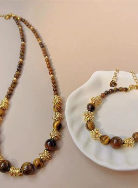 虎眼石高级百搭天然石串珠项链真金电镀小众气质复古毛衣链颈链女