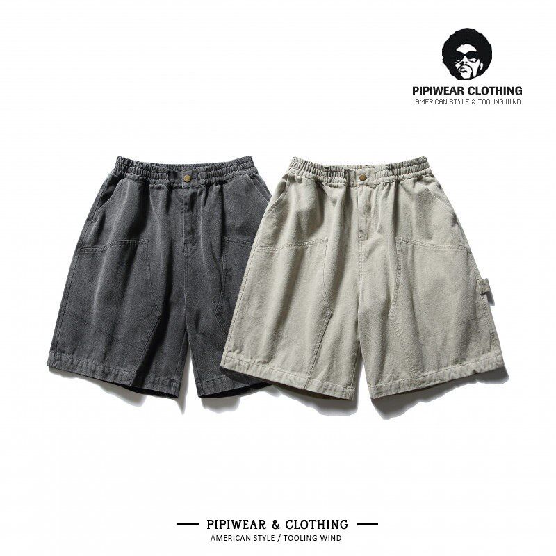 日系复古夏天松紧腰烟灰色工装5分短裤男纯棉中裤宽松休闲五分裤,男装,短裤,淘宝优惠券,粉丝福利购,淘宝优惠卷