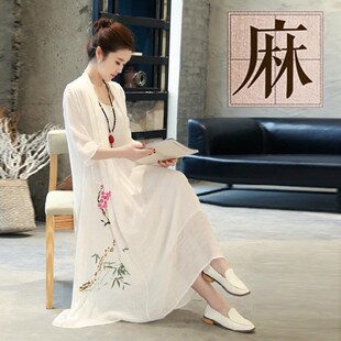 2024春夏季复古文艺范民族风印花假两件L套棉麻连衣裙女中长款裙