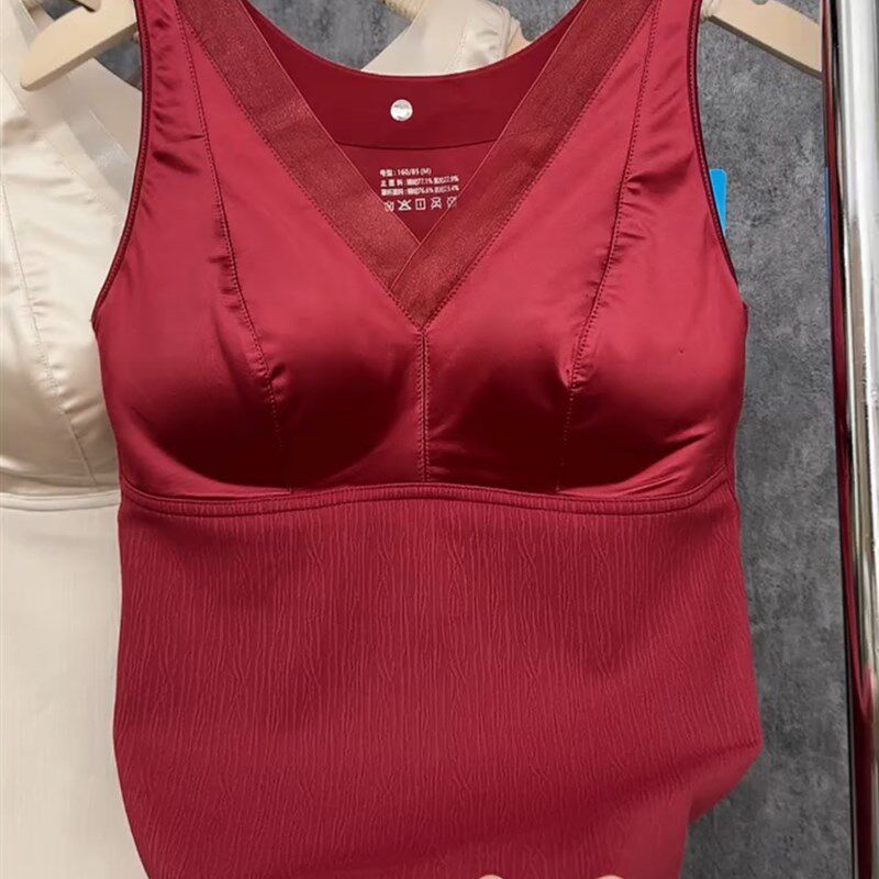 德绒保暖背心女秋冬本命年加厚美背免穿文胸缎面红色内衣内搭吊带