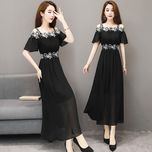 黑色一字肩雪纺连衣裙女夏装 夏显瘦气质法式 吊带长款 裙子 2020新款