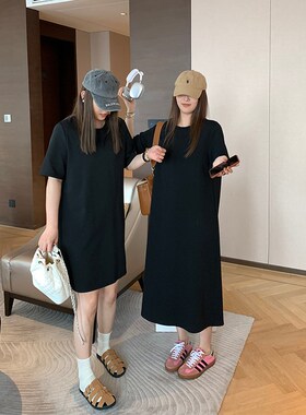 NAZ那子大码2024夏季新款复古黑色宽松短袖胖mm直筒气质T恤连衣裙
