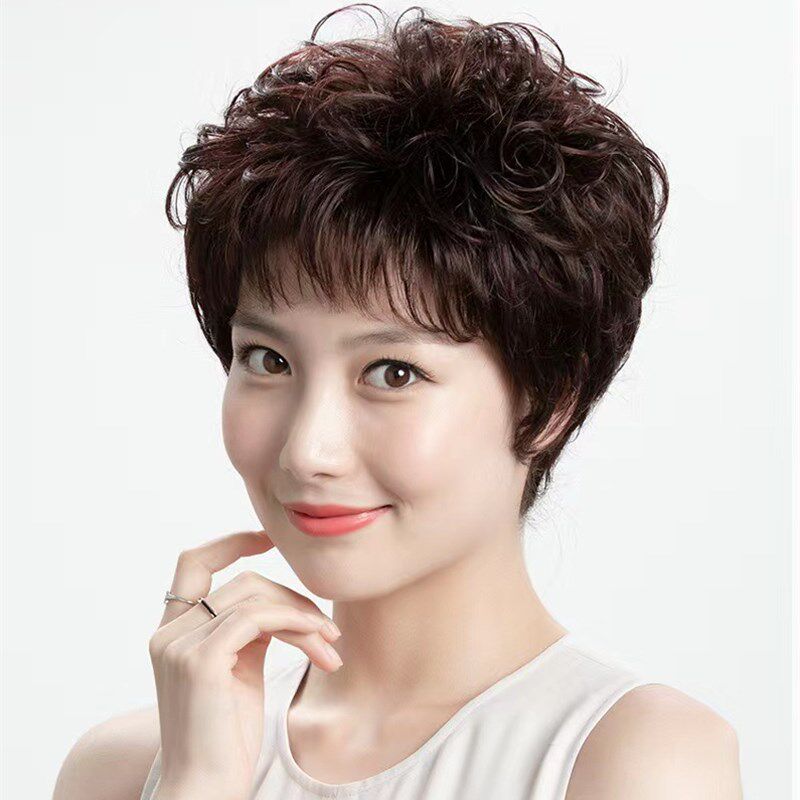 短发假发套女士短发卷发全头套式自然中老年人送妈妈款时尚烫发型图片