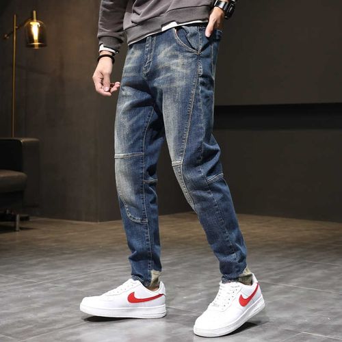 潮牌牛仔裤男宽松大码裤子小脚男裤个性弹力男士哈伦复古休闲长裤