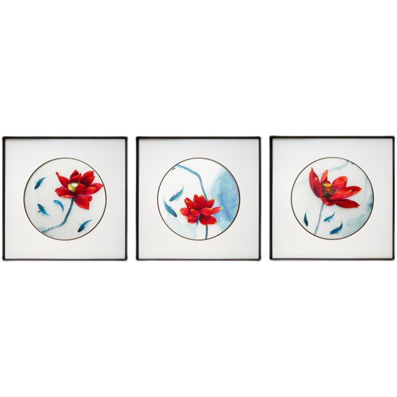 刺绣画苏绣成品客厅新电视沙发背景荷三联纯手工挂画装饰画