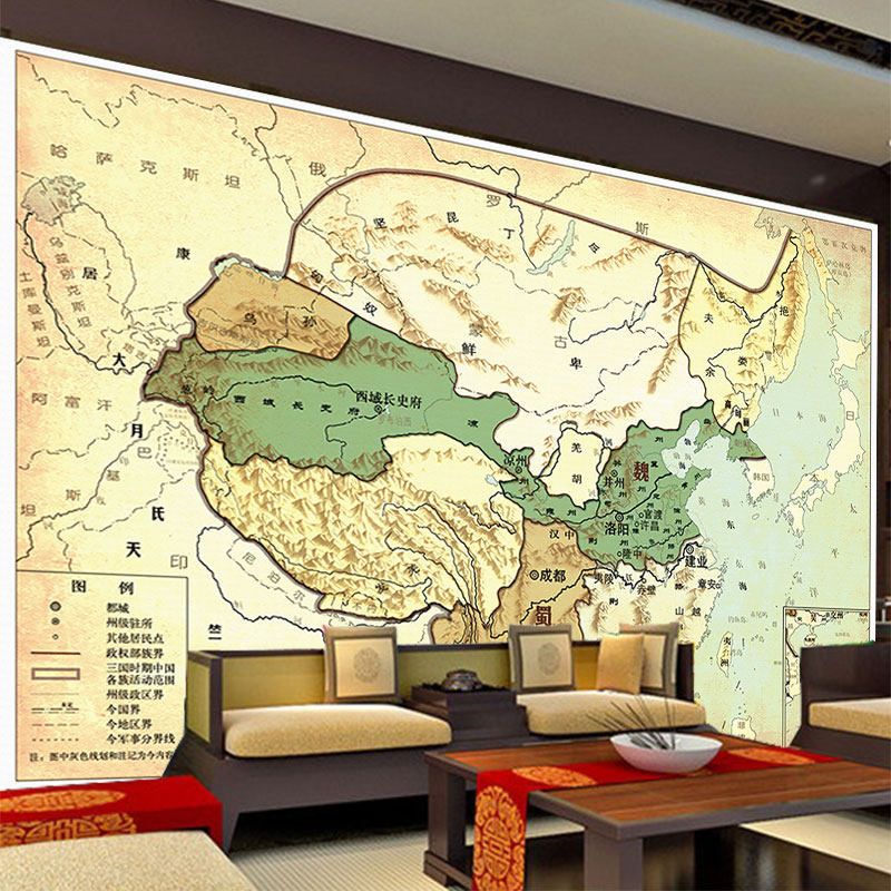 三国时期地图墙纸书房背景墙装饰壁画魏蜀吴疆域古代地图壁纸