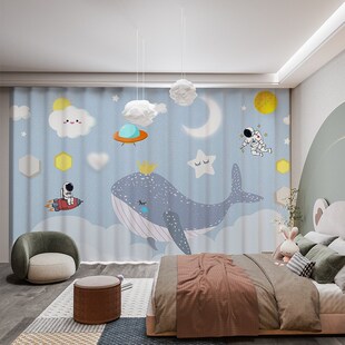 卡通蓝色海底世界海洋动物早w教中心幼儿园儿童房卧室遮光隔断窗