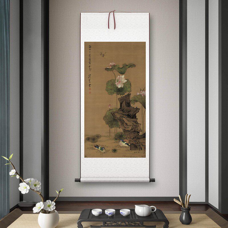 明代陈洪绶荷鸳鸯客厅书房茶室装饰画挂画玄关水墨卷轴