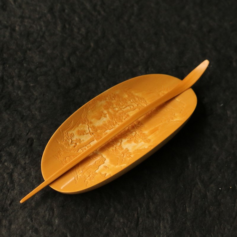 精品东阳老师傅纯手工浅浮雕山水风光图老玉竹茶则翻簧雕刻竹茶荷