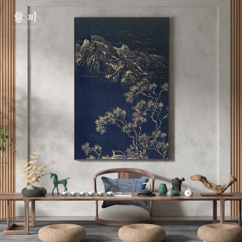 新卧室茶室客厅装饰画中蓝色山水入户玄关壁画竖挂画