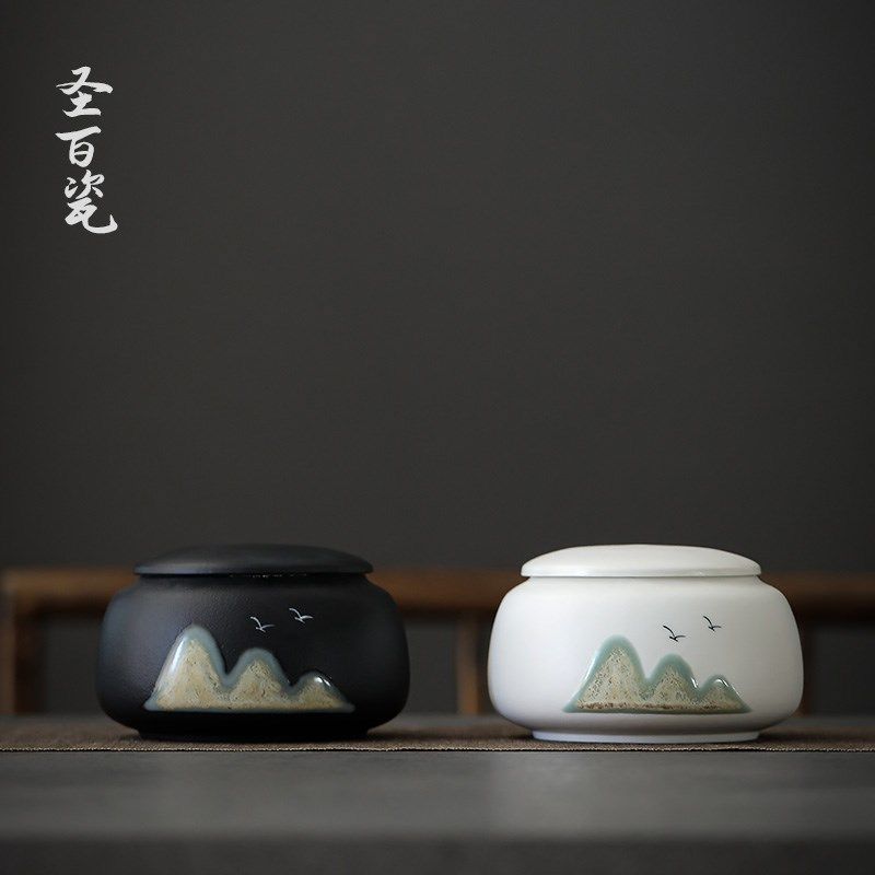 锦绣山河粗陶茶叶罐小号手绘密封罐存茶储罐子防潮茶盒