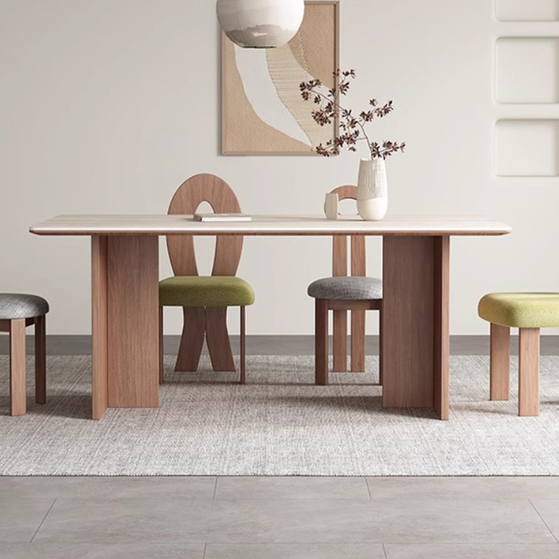 法式复古洞石岩板餐桌家用客厅小户型设计师长方形餐桌椅