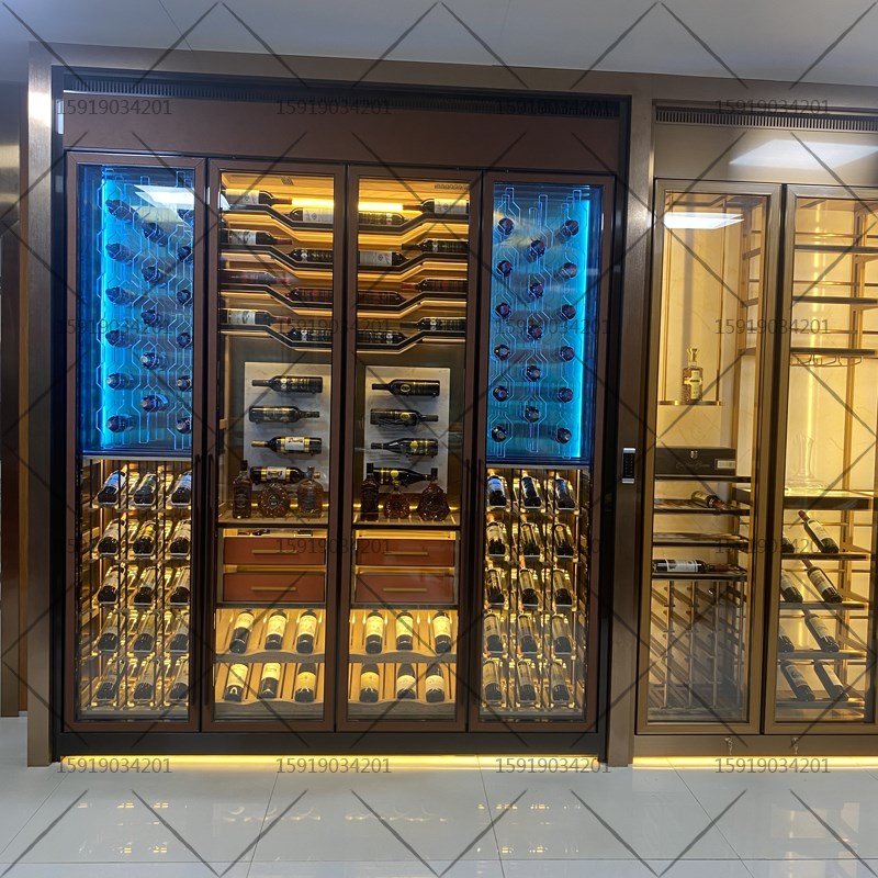 嵌入式不锈钢恒温酒柜定制酒店会所金属酒架酒窖轻奢展示柜