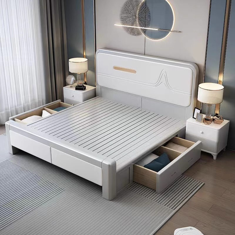 现代简约实木床1.8米主卧双人床全实木1.5米白色单人床储物婚床