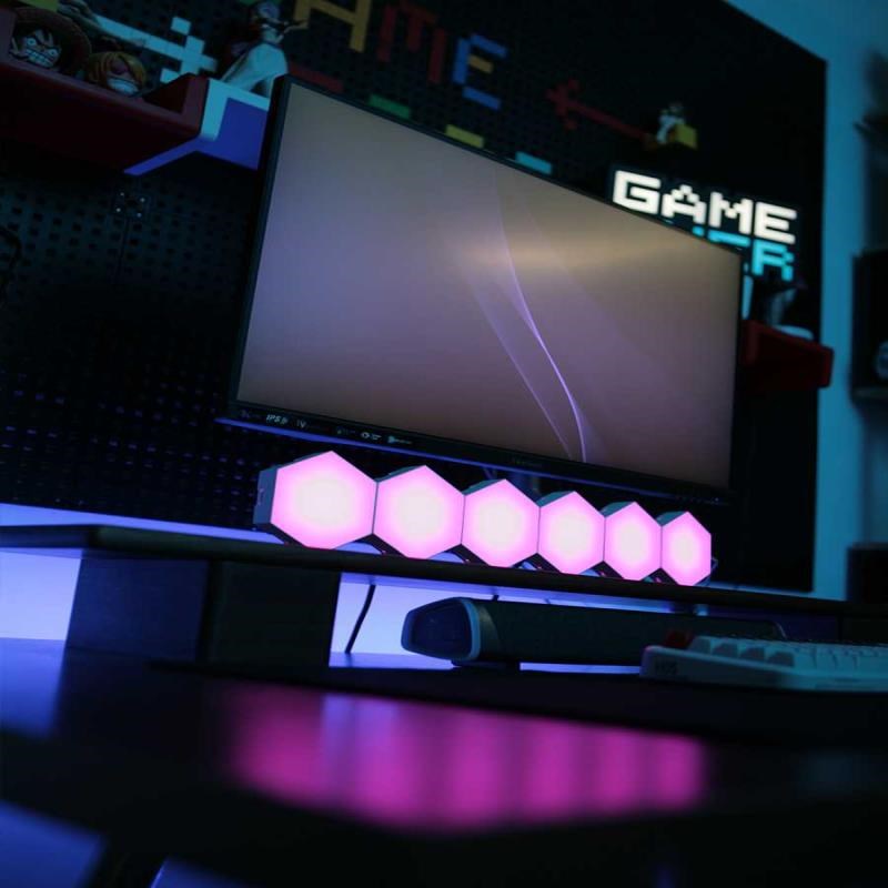 电竞房量子灯RGB奇光板声控氛围蜂巢灯蜂窝灯拾音装饰USB感应壁灯