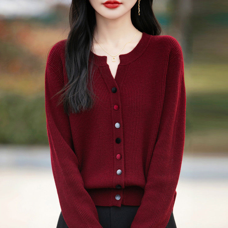 25秋新红针织V领显瘦开衫女