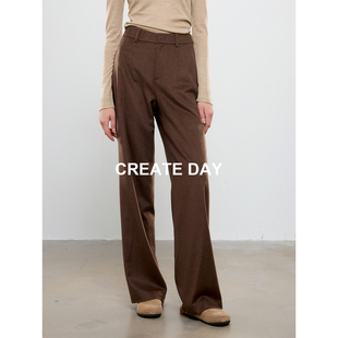 CREATE DAY LP80%绵羊毛休闲裤女秋冬高级桑蚕丝质感西裤抗皱长裤