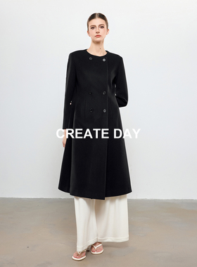 CREATE DAY GD 10%羊驼毛安迪款大衣女双排扣圆领绵羊毛毛呢外套