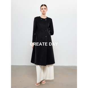 CREATE DAY GD 10%羊驼毛安迪款大衣女双排扣圆领绵羊毛毛呢外套