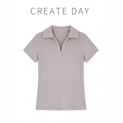 CREATE DAY  莱赛尔修身正肩polo衫短袖t恤女夏季老钱风上衣短袖