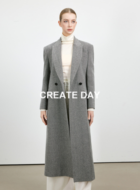 CREATE DAY BC家100%绵羊毛 简约气质长款西装版毛呢大衣女装秋冬