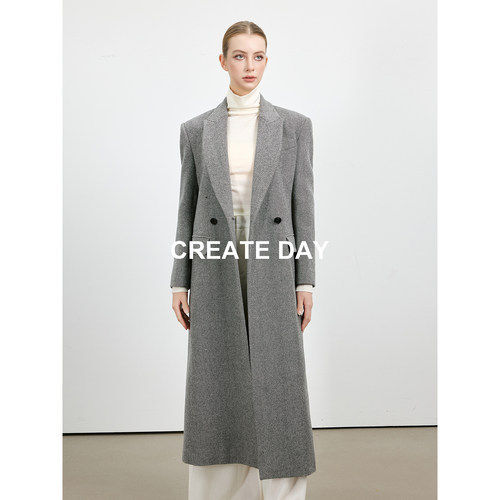 CREATE DAY BC家100%绵羊毛 简约气质长款西装版毛呢大衣女装秋冬