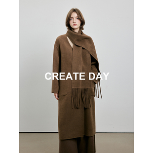 CREATE DAY 10%山羊绒半精纺哥伦布围巾款大衣双面呢绵羊毛外套女