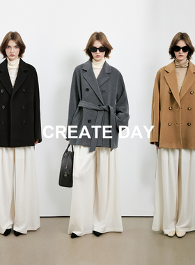 CREATE DAY M家 10%秘鲁羊驼毛标准801/双排扣短款大衣绵羊毛外套