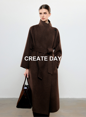 CREATE DAY RUBY红宝石 10%秘鲁羊驼毛长款收腰大衣翻领毛呢外套