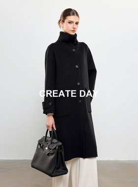 CREATE DAY 30%山羊绒黑色大衣女装针梭拼立领绵羊毛长款毛呢外套