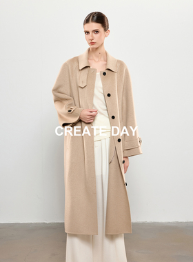 CREATE DAY BC家100%山羊绒大衣女秋冬优雅过膝长款翻领毛呢外套