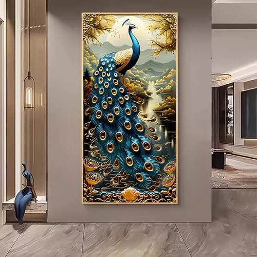 孔雀玄关装饰画入户进门走廊背景墙挂画新中式山水竖版大气装饰画