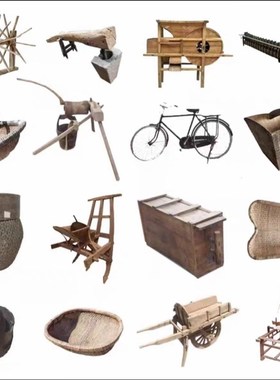 民俗怀旧老物件风车木犁老木桶盆老风箱木斗农耕农具木推车老物件