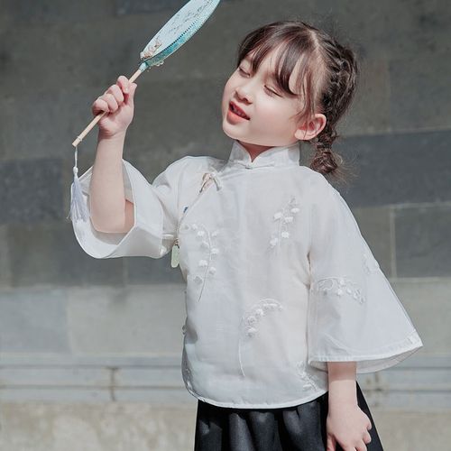 复古铃兰刺绣倒大袖上衣女童童装小女孩旗袍