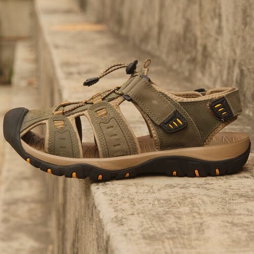 韩国头层牛皮轻质包头凉鞋男休闲运动平跟防滑耐磨减震中年沙滩鞋