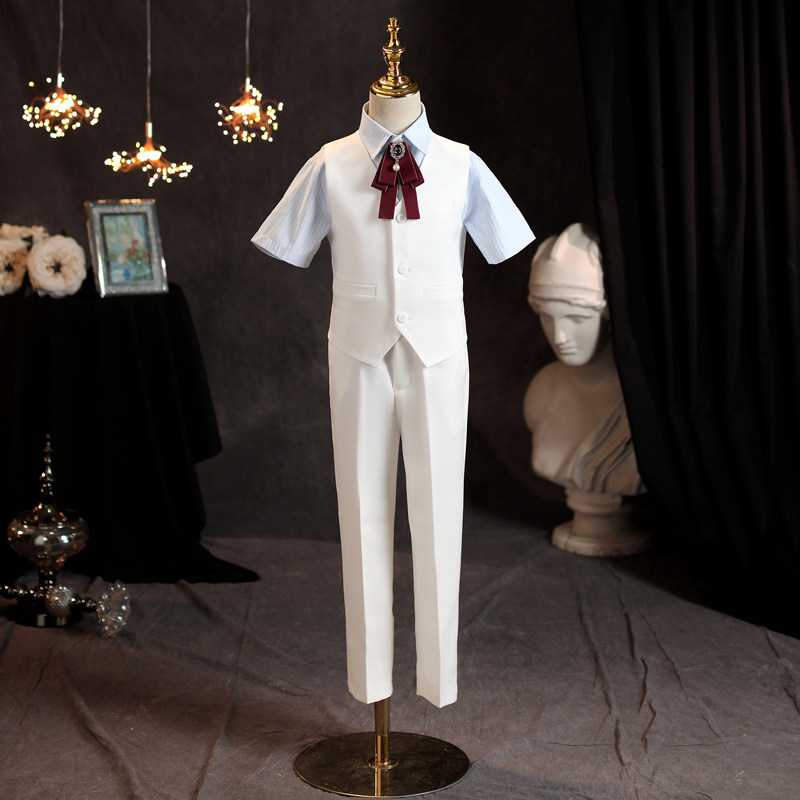 男童礼服套装帅气短袖白色花童礼服男孩主持人钢琴演出团体表演服