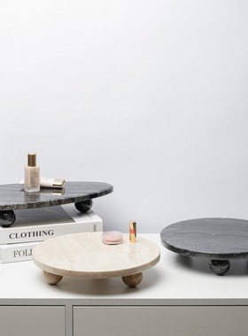 现代简约黄洞石托盘摆件洗手台茶几桌面收纳盘天然大理石装饰品