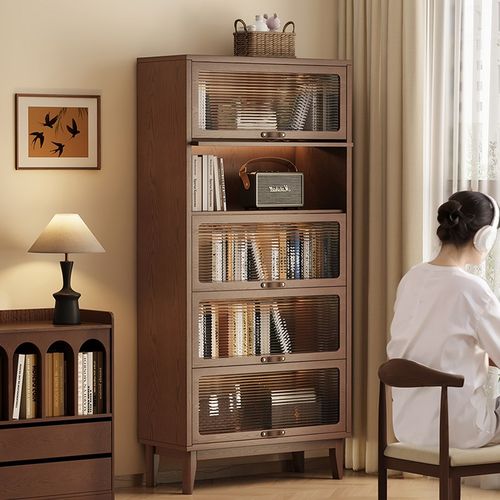 防尘书柜玻璃门实木书架置物架带门落地家用儿童客厅北欧简约立柜