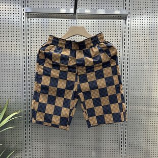 男士 潮流沙滩裤 拼色五分裤 薄款 修身 格子休闲短裤 新款 2024夏季 时尚