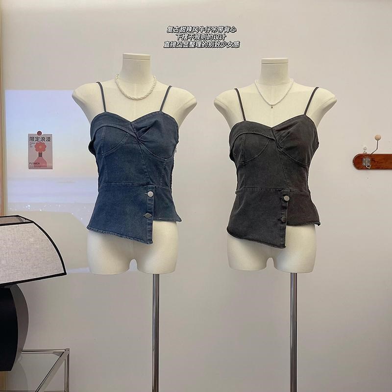 大码女装复古牛仔吊带背心女微胖mm夏季2024新款辣妹内搭短款上衣