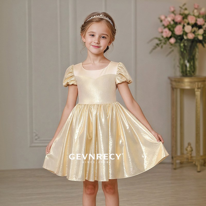 女童礼服春夏高端轻奢小众金色生日公主裙短裙女孩钢琴演奏演出服
