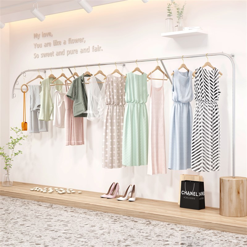 服装店展示架不锈钢拉丝银色落地式侧挂女装店货架上墙挂衣杆子