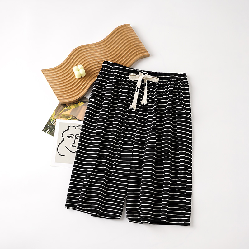 男士睡裤夏季纯棉薄款短裤青年男款五分裤宽松休闲大码条纹家居裤