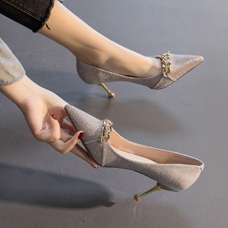 香槟色高跟鞋女细跟优雅搭配裙子2023新款百搭尖头浅口法式单鞋女