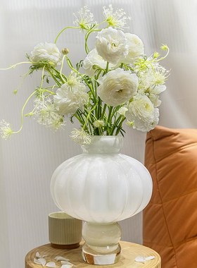 轻奢中式复古风灯笼白色玻璃花瓶插花简约L高级感水养花器创意摆