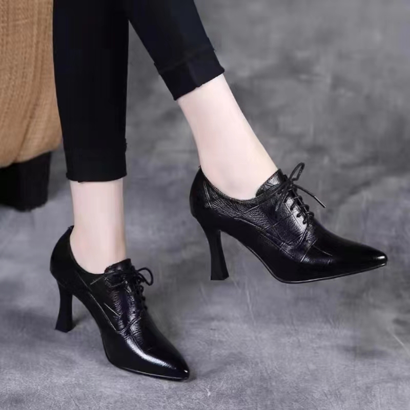 2022春秋新款尖头细跟高跟深口真皮软皮系带舒适百搭小皮鞋单鞋女