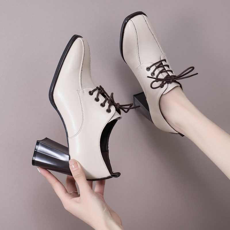 高跟鞋女英伦风小皮鞋2024新款时尚白色春秋单Q鞋粗跟系带深口女